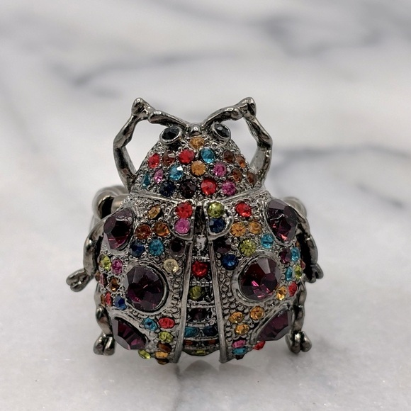 Gunmetal, Silver‎ tone & Multi Crystal Chunky Ladybug Insect Stretch Band Ring - Picture 2 of 7